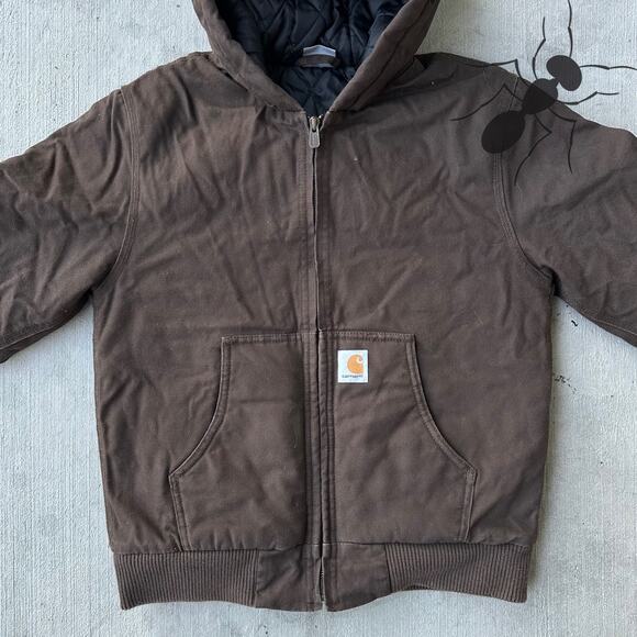 Vintage Y2K Carhartt YOUTH DKB brown hooded work wear jacket - Picture 3 of 9